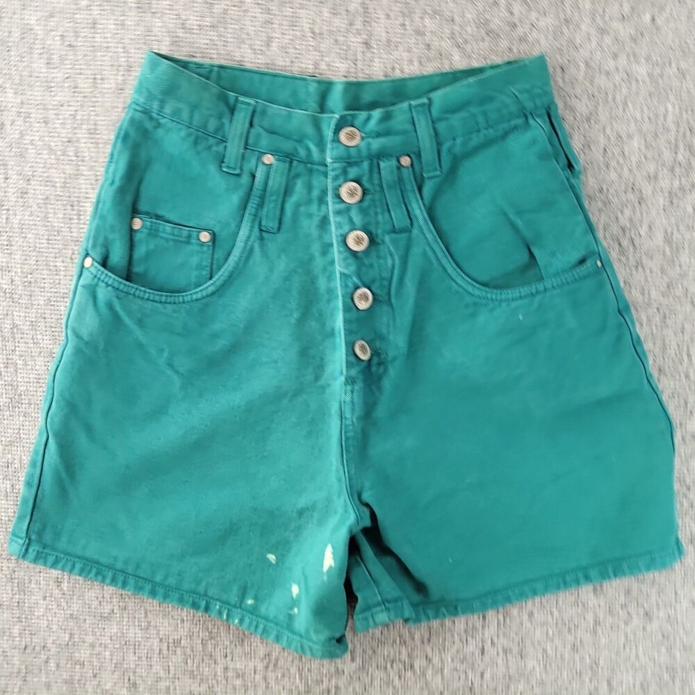 Vintage 80s 90s Gitano Teal Denim Shorts High Rise Button Fly Sz 6 Flat 12.25 W